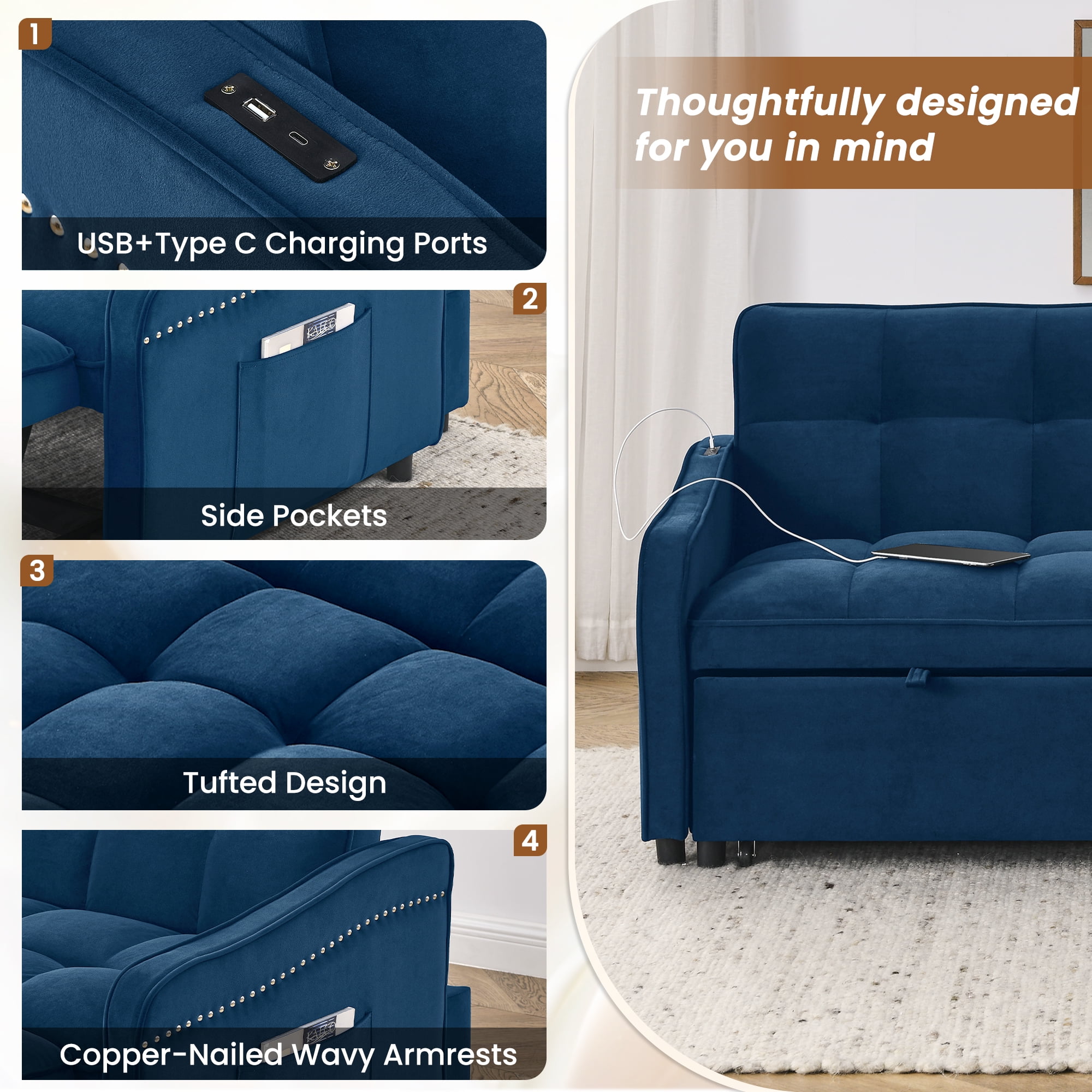 Lunale Pull Out Sofa Bed, Loveseat Sleeper with USB/Type-C, Adjust Back, Convertible Sleeper Sofa for Living Room/Apartment, Blue Velvet