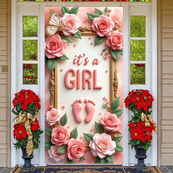Pink Glitter Welcome Baby Banner Silver Sparkly Backdrop Floral Ornament Display for Baby Shower Newborn Homecoming Girl's Welcome Party