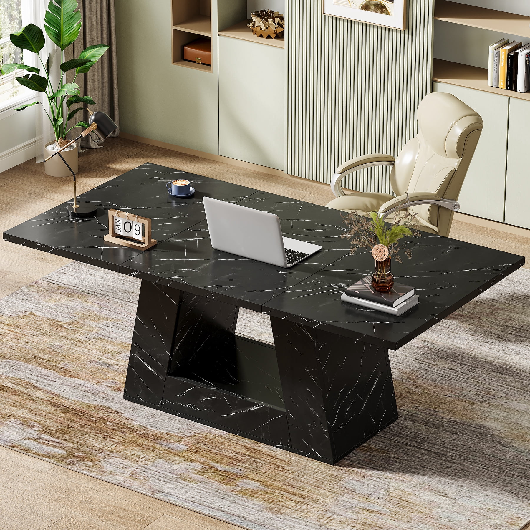 Tribesigns Modern Computer Desk, 63 inch Wooden Faux Marble Study Writing Table with Sturdy Base for Home Office, Black