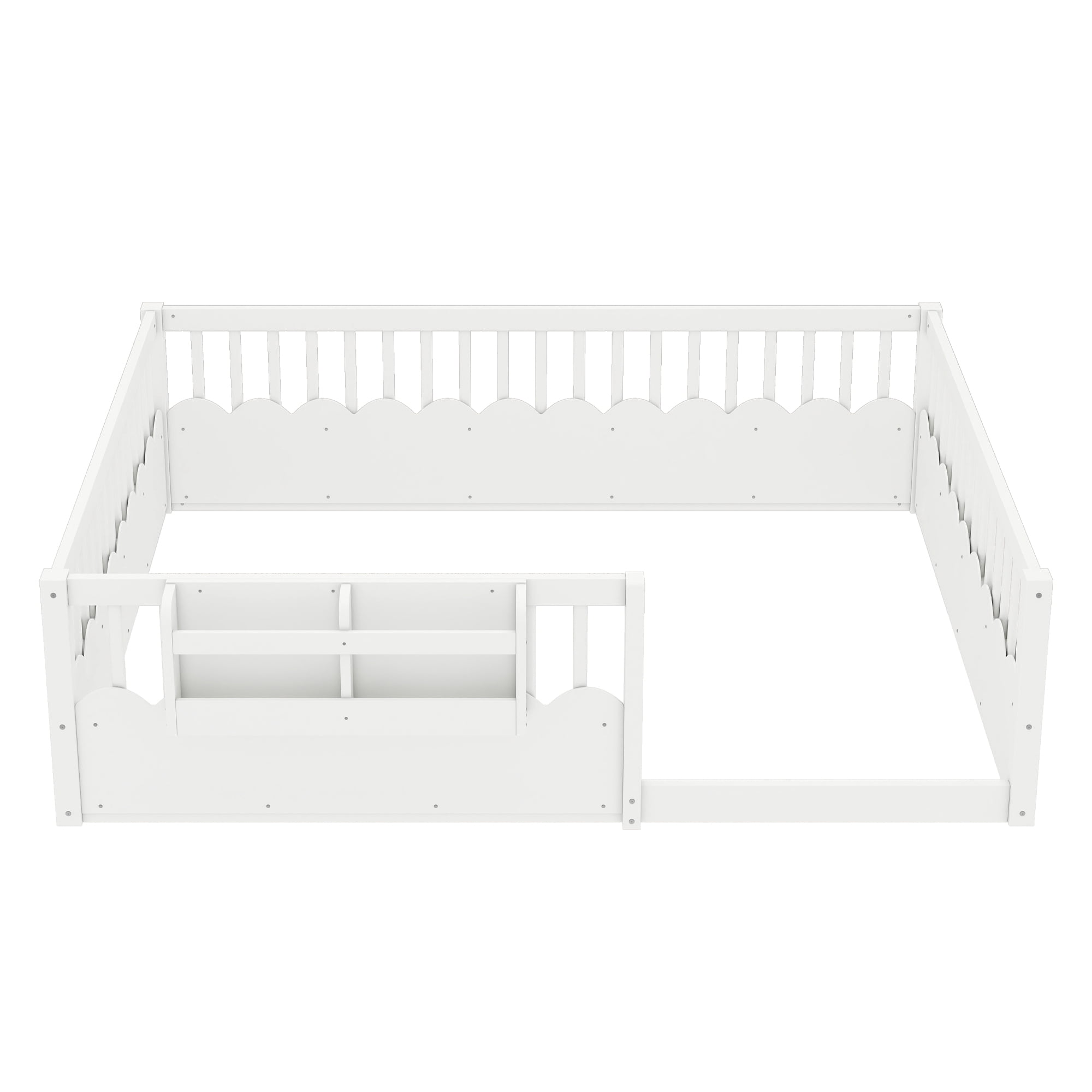 Mintazer Queen Montessori Floor Bed with Bookshelf & Heightened Fence, Kids Wood Floor Bed for Boys and Girls, White