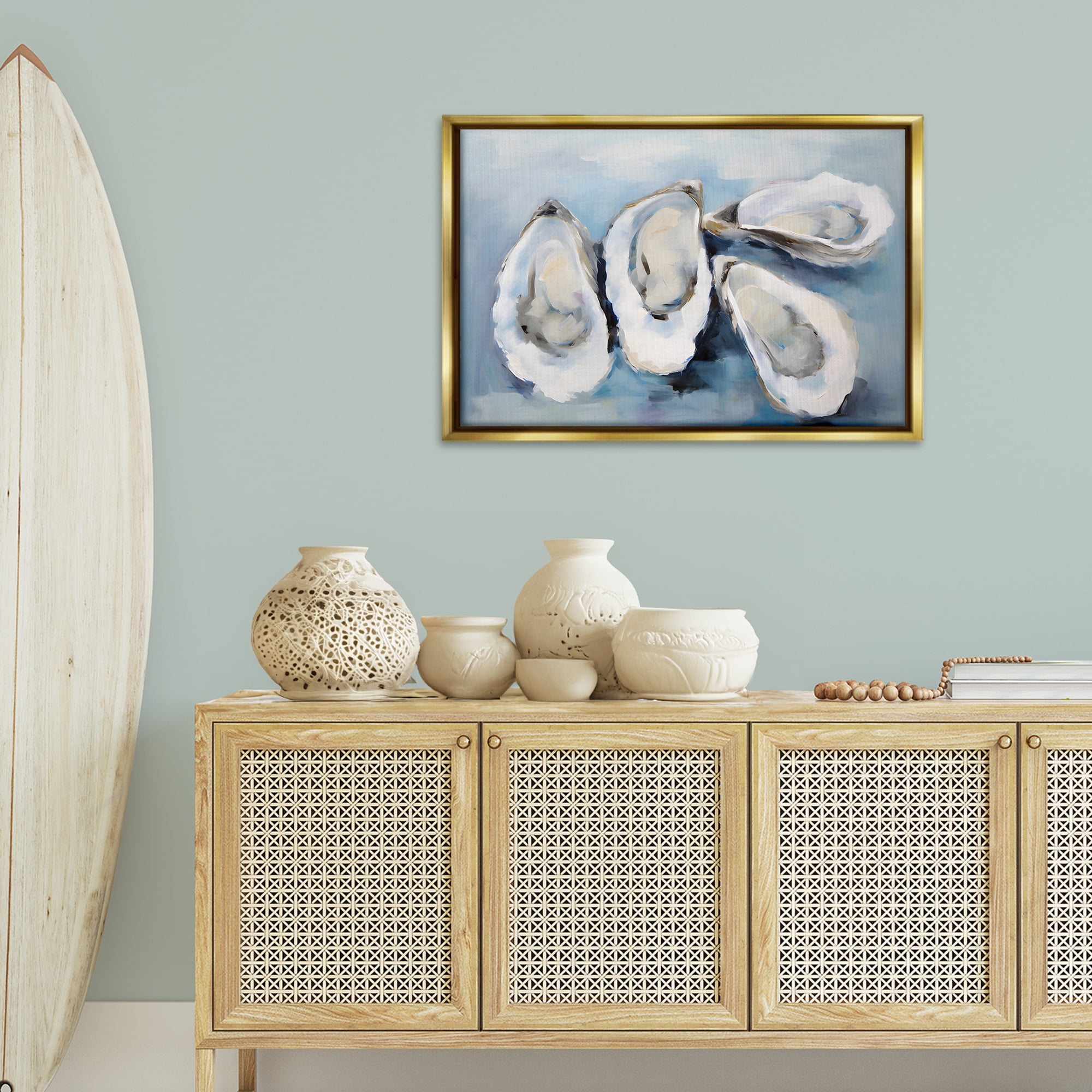 Stupell Industries Four Oysters Impression Nautical & Beach Painting Gold Floater Framed Canvas Art Print Wall Art, 31 x 21