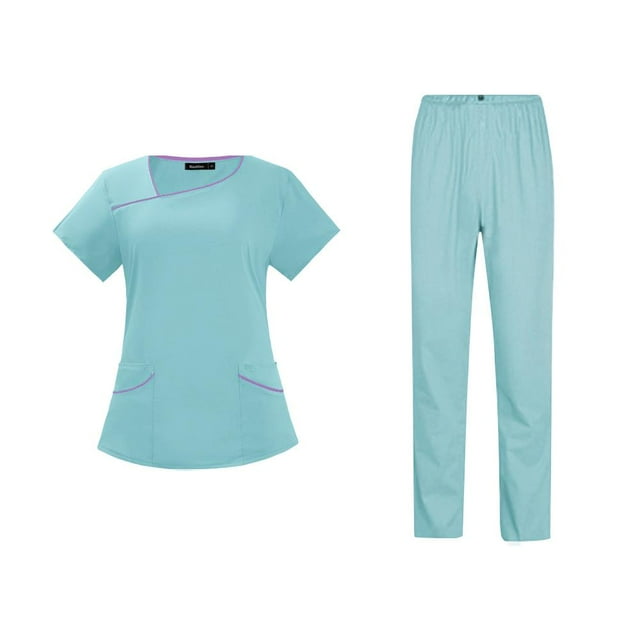 Conjuntos de uniforme médico para mujer, uniforme de enfermera de verano, manga corta, top y pantalones suaves. Azul claro medio