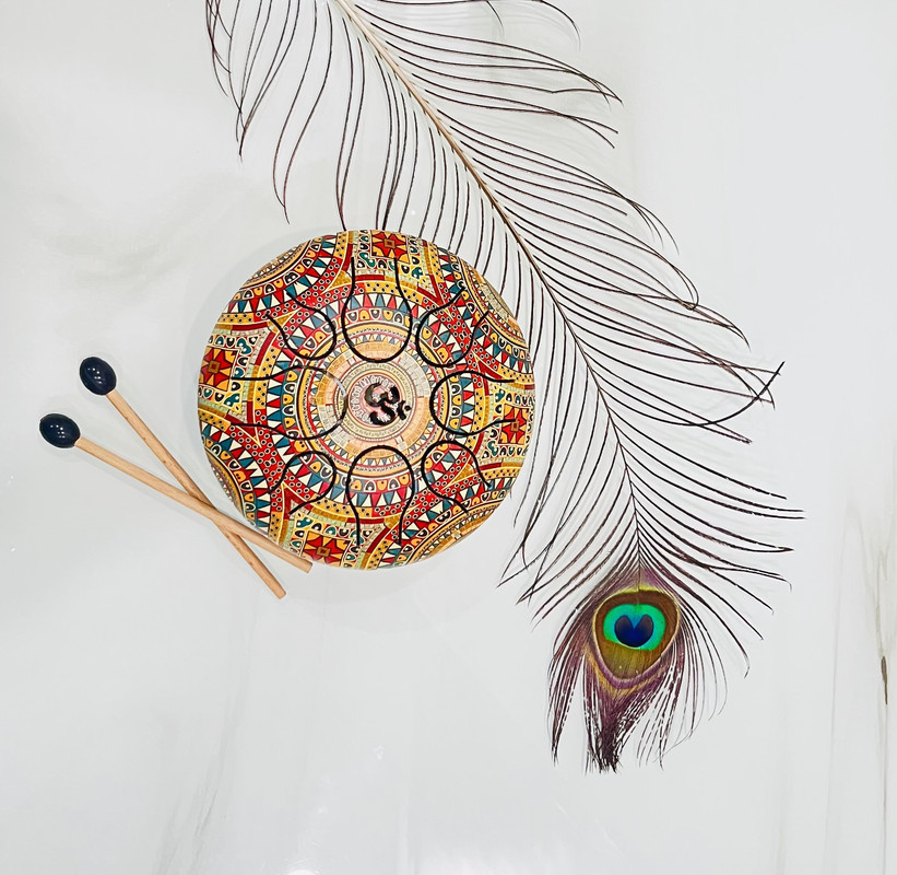 NARAYANI CRAFTS Traditional Drum, Multicolor with Vibrant Yellow Base, Includes 2 Sticks, Musical Instrument for Music and Gifting