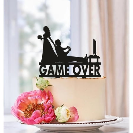 Game Over Gamer Couple Acrylic Wedding Cake Topper, Funny Video Game Themed Bride Groom Decor