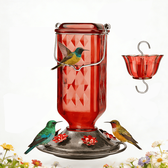YSPUKY Hummingbird Feeders for Outdoor, 24 Ounces, 6 Feeding Ports, Bird Nectar Feeder for Garden Décor, Ant Moat Included, Red, Plastic