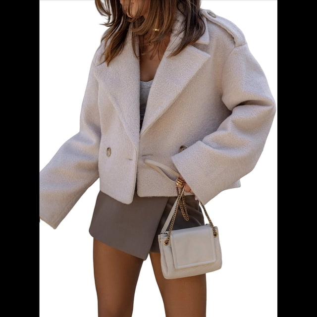 Abrigo Corto de Mezcla de Lana para Mujer, con Cuello de Solapa, para Oficina, Invierno, Gabardina. Albaricoque S