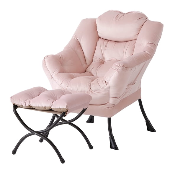 Welnow Velvet Pink Lazy Chair with Ottoman, Thick Cushioned Reading Chair