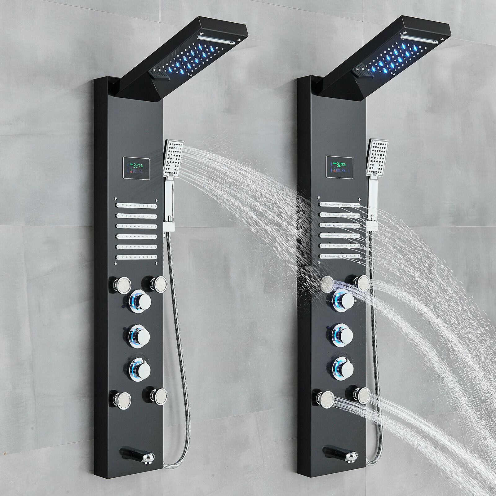 LED Shower Panel Tower System Rain&Waterfall Massage Black Stainless