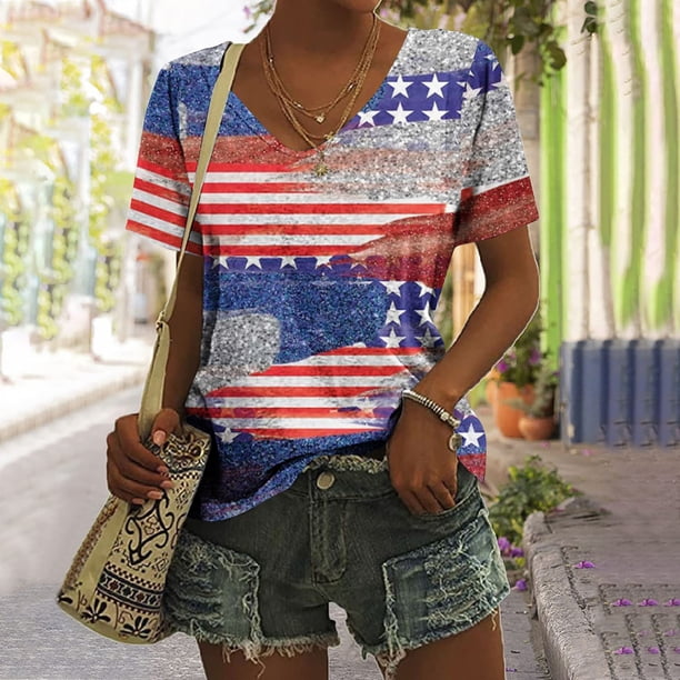 Fiudx Ofertas y Liquidaciones Blusa Superior con Estampado de Manga Corta y Cuello En V, Cómoda E Informal, a La Moda para Mujer