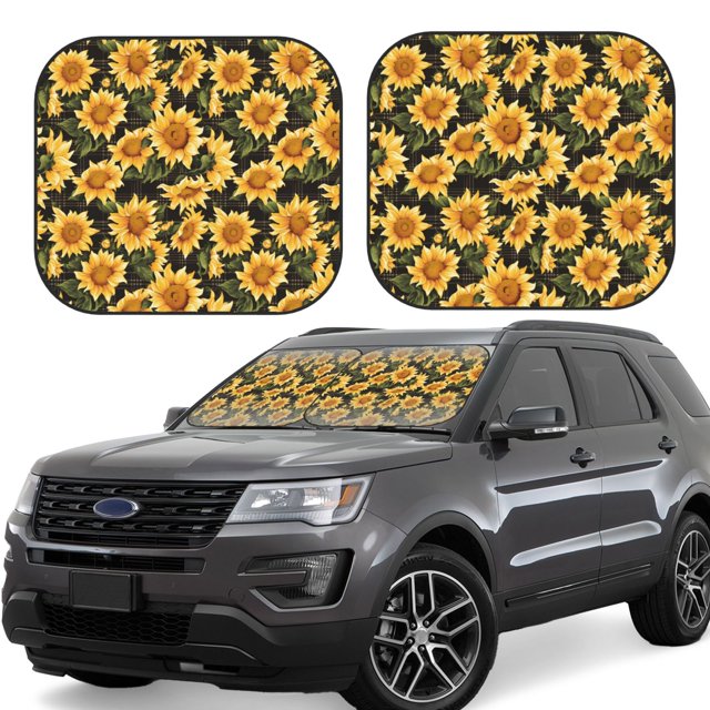 Balery Vintage Black Plaid Sunflower Parasol para parabrisas de coche de 2 piezas | Parasol plegable para parabrisas delantero de coche para la mayoría de sedanes-Small