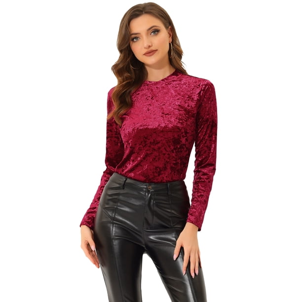 INSPIRE CHIC Camiseta casual de manga larga con cuello redondo y parte superior de terciopelo para mujer borgo?a XS