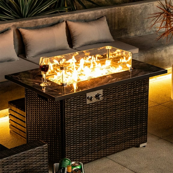 Propane Fire Pit, 44inch Outdoor Fire Tables with Ceramic Tabletop and Rain Cover , Rectangular Rattan Propane Gas Fire Pit Table 50000BTU for Patio Backyard Deck Balcony, Espresso
