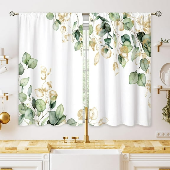 Green Gold Leaf Botanical Small Kitchen Curtains Window Treatment Plant Eucalyptus Cafe Short Window Curtains for Bathroom Dining Laundry Room Spring Tier Treatment Drapes 27.5x39 inch