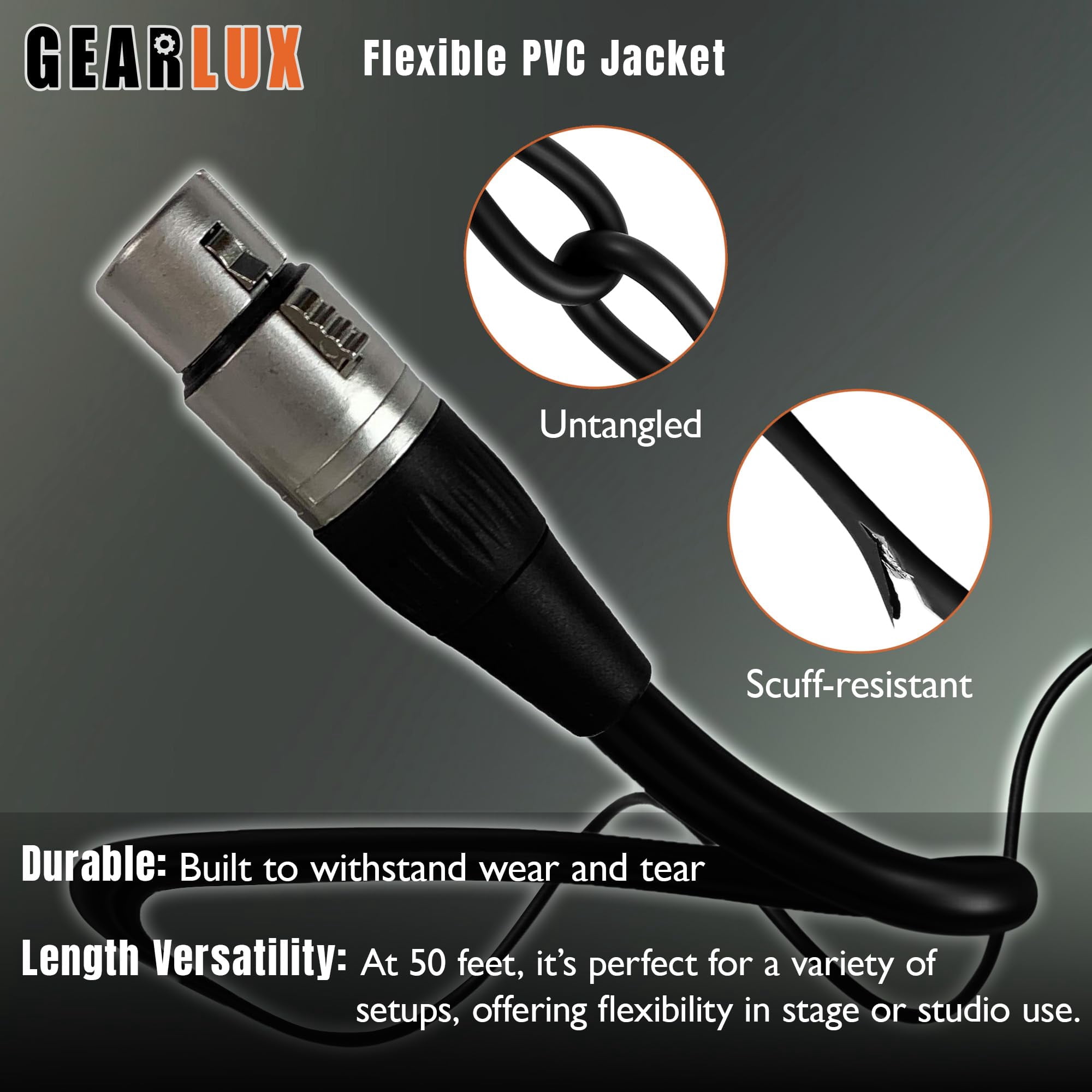 Gearlux XLR Microphone Cable, Fully Balanced, Male to Female, 50 Feet - 2 Pack