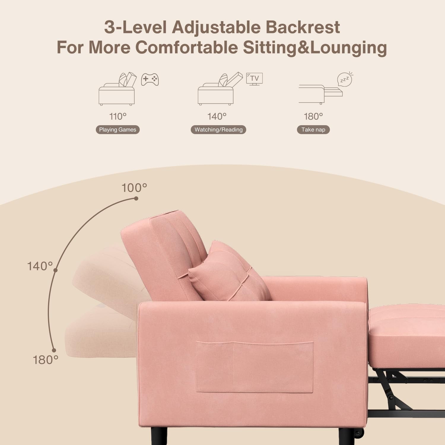 Convertible Sleeper Chair Bed, Linen Sofa Bed with Pillow for Small Space, Single Recliner Daybed with Adjustable Backrest, Pink