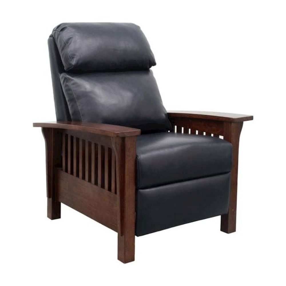 Starlight Canyon Home Dark Blue Leather Reclining Chair with Wood Arms and Manual Recliner