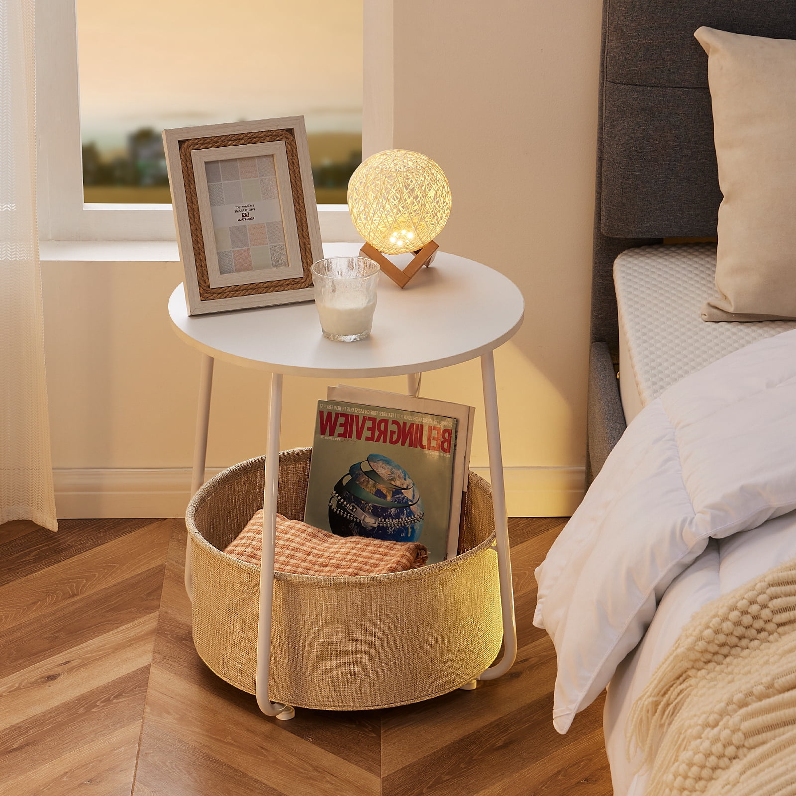 GIANNA Modern Small Round Side End Table with Fabric Basket: Versatile Bedside Table for Living Room and Bedroom