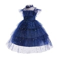 thumbnail image 6 of Little Girl Easter Dresses Short Sleeved Small Floral Princess Style Dance Dresses for Girls Teens Elastic Waist for Holiday Party (Navy,4-5 Years), 6 of 8
