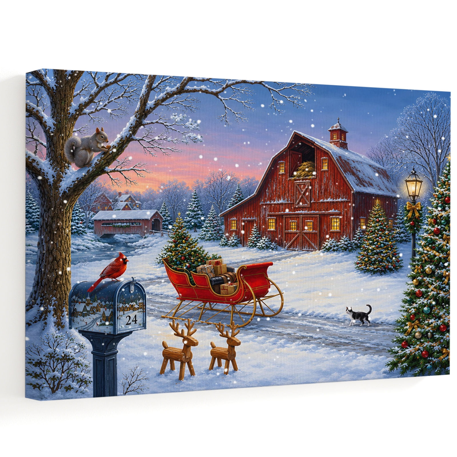 Winter Red Barn Canvas Wall Art 32 x 24 Rustic Christmas Tree Sleigh Reindeer Frame Picture Prints Ready to Hang Waterproof Artwork Decor for Living Room Above Fireplace Bedroom