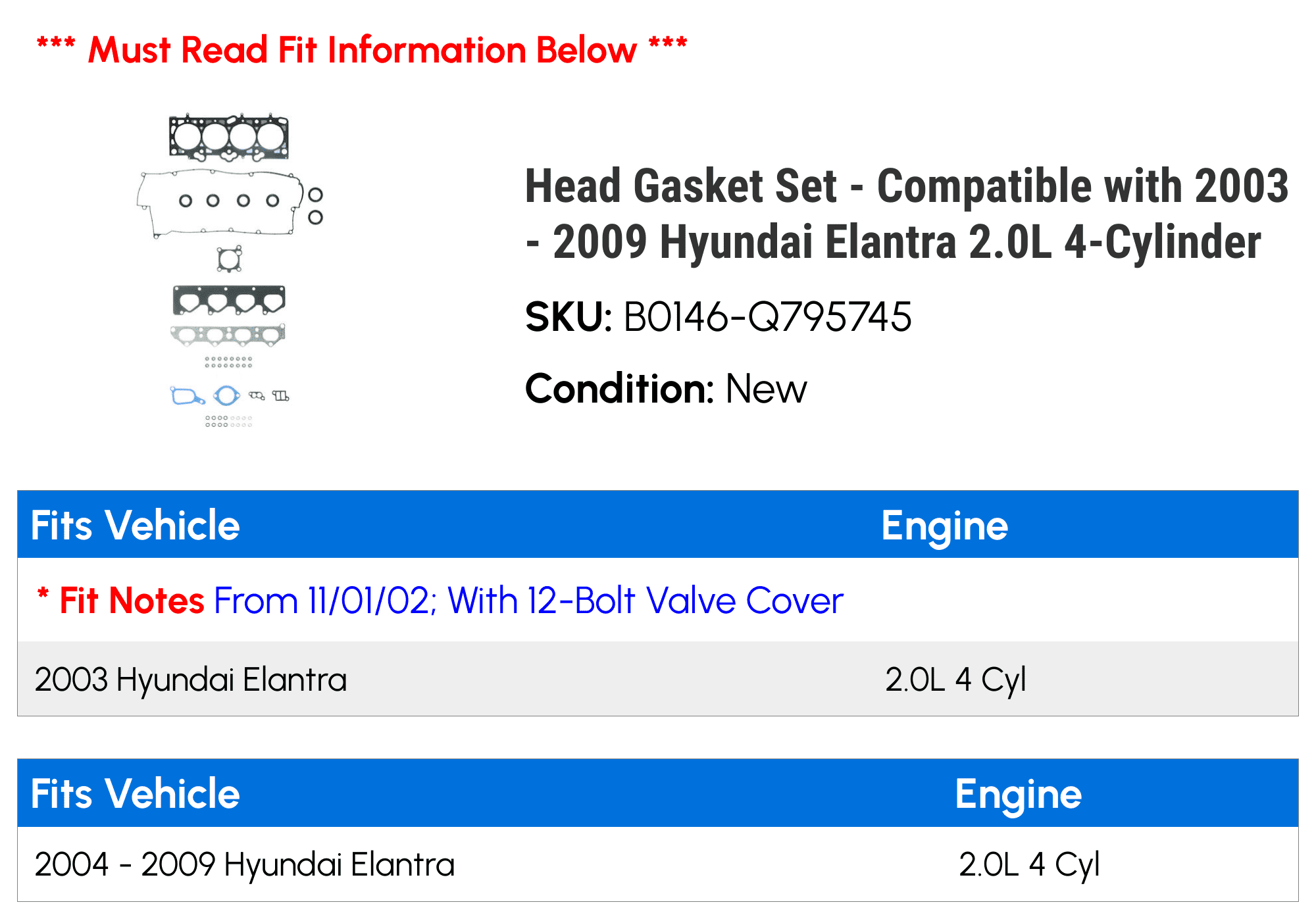 Head Gasket Set - Compatible with 2003 - 2009 Hyundai Elantra 2.0L 4-Cylinder 2004 2005 2006 2007 2008