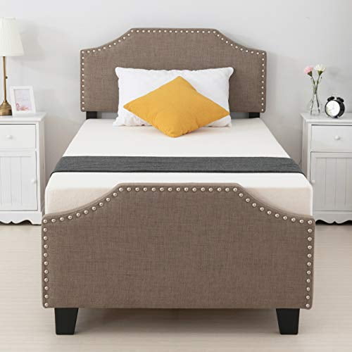 mecor Twin Upholstered Linen Platform Bed with Curved Shape Headboard