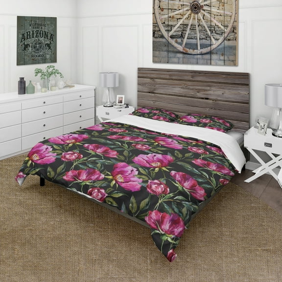 Designart 'Purple Flowers on Dark Background Hand Painted' Abstract Duvet Cover Set