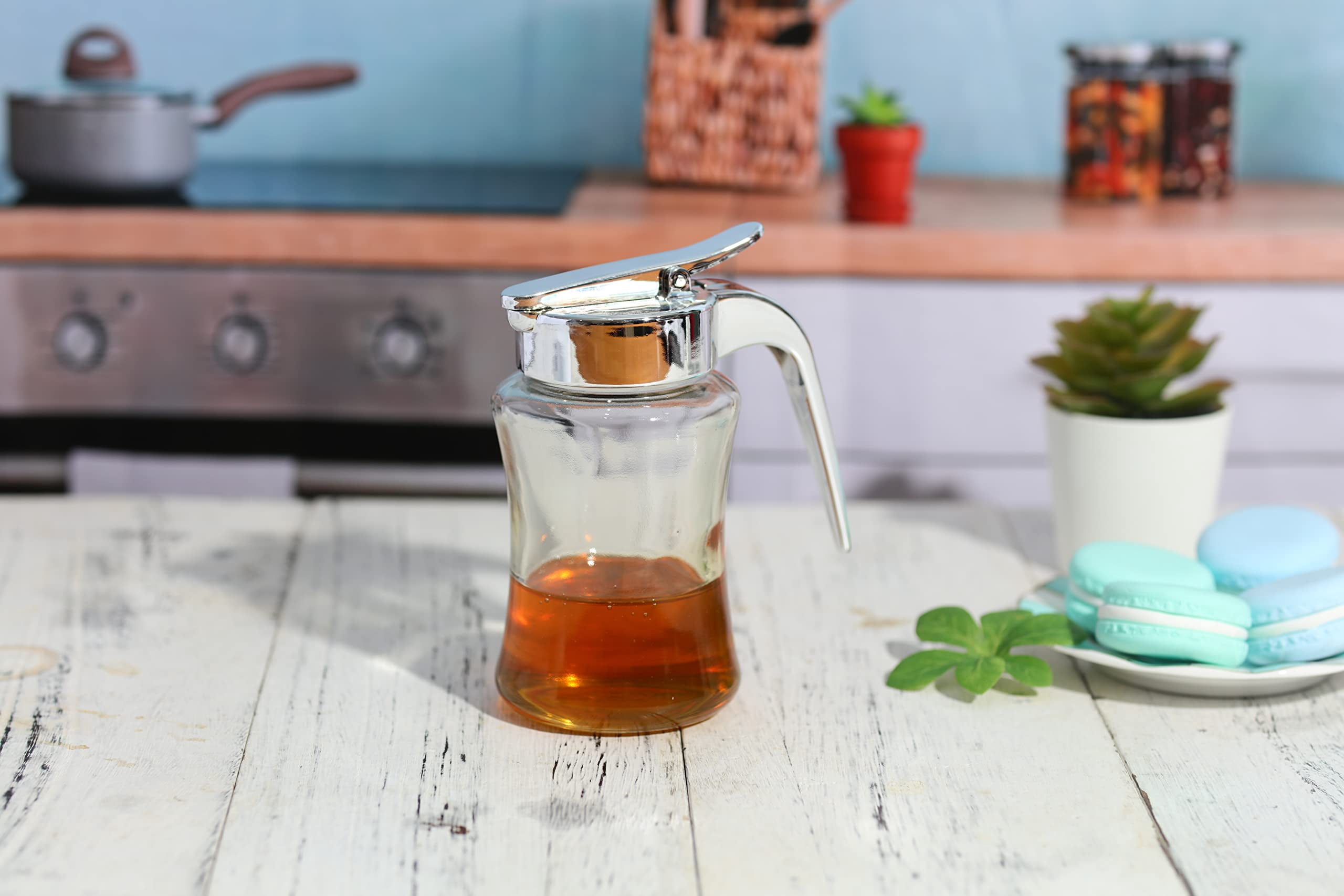2-pack Glass Syrup Dispenser Bottle For Maple  Honey Pot Or Sugar Jar W/handle Shaker Pancakes Coffee Cereal Bowl Tea Pour Spout Lid Easy Spoon Measure 7.5oz Container Holder