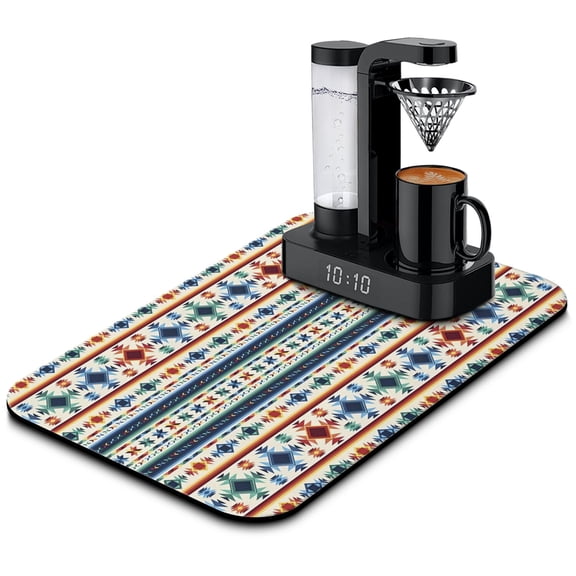 Coffee Bar Mat with Ethnic Design - Vintage Fashion Inspired Quick Drying Pad, Super Absorbent, Non-Slip Mat for Rustic Coffee Station or Countertop Use