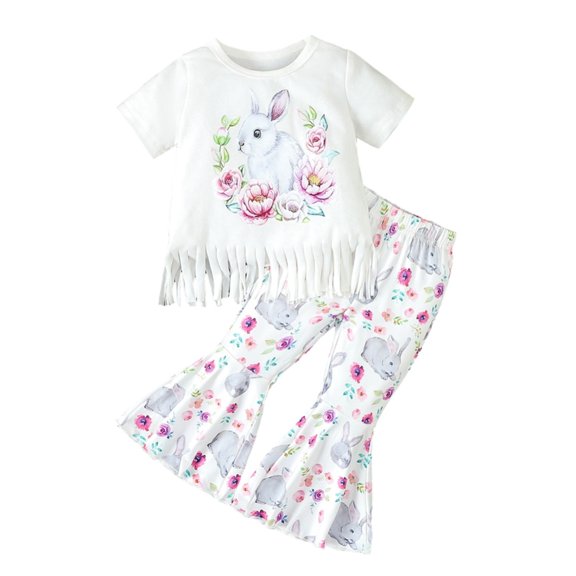 GYRATEDREAM Easter Outfits Newborn Baby Girls Bunny Print Short Sleeve Romper Top Bell-Bottom Denim Pants Sets for 6-12M