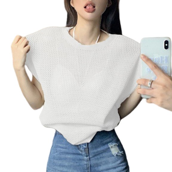 Mesh Top Short Sleeve See Through Shirt Sheer Blouses O-Neck Clubwear,Solid Color T-shirt Bikinis Cover Up for