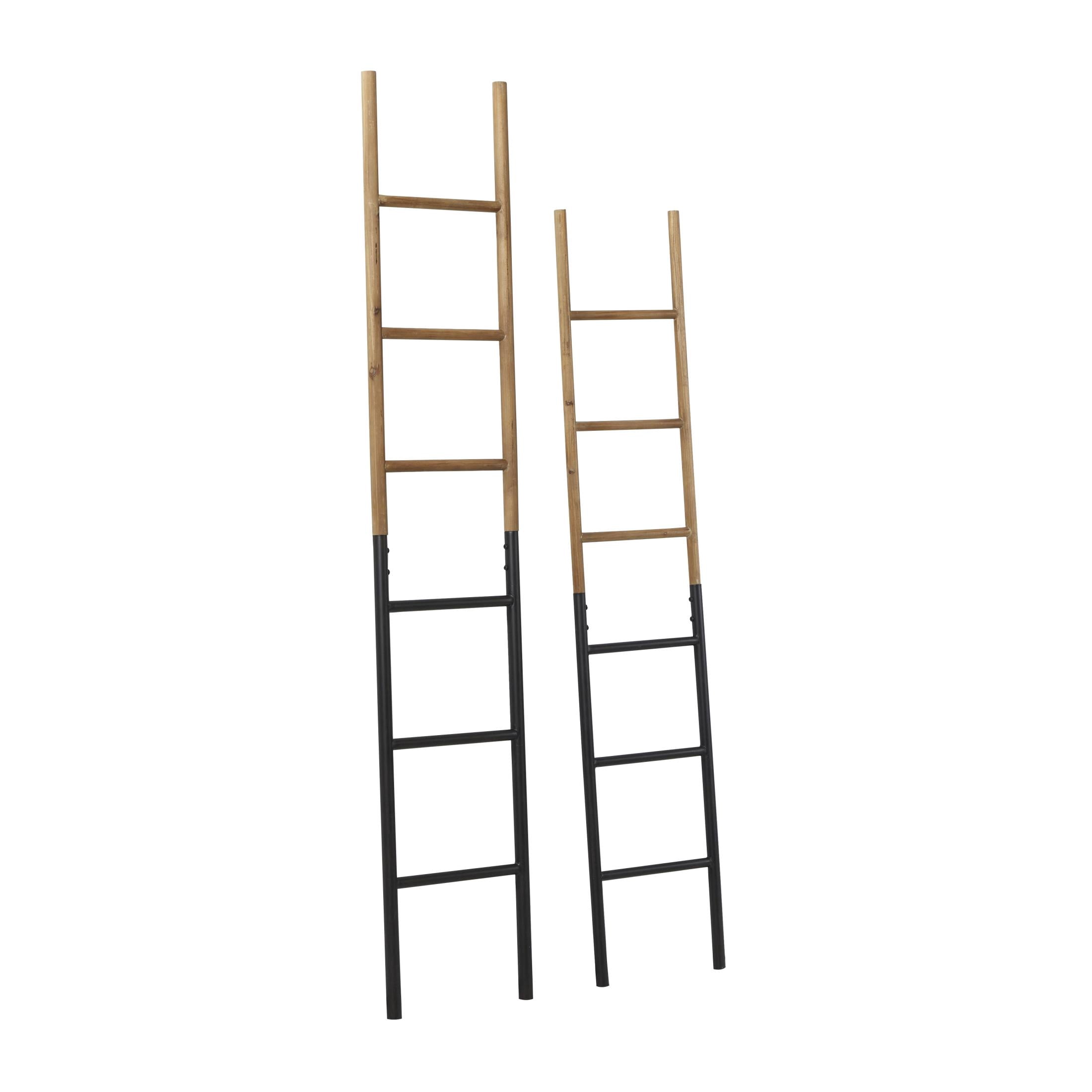 DecMode 71", 62"H Brown Wood Slim Two-Toned 12 Rug Ladder with Black Metal Bases, 2-Pieces