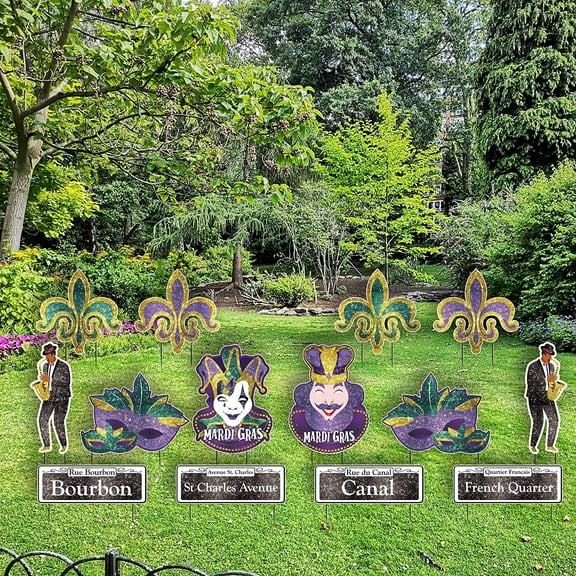 Jumbo Masquerade Mardi Gras Decorations, Mardi Gras Yard Signs, Sparkle Glitter Print , Set of 14 with Metal Stakes