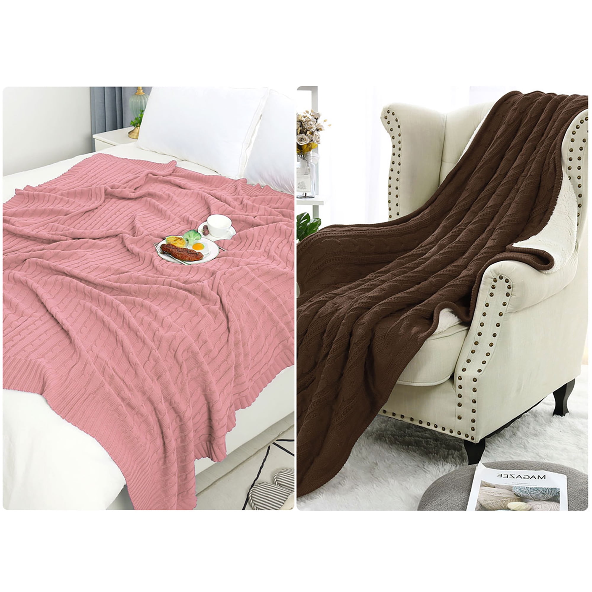 Cable Knit Sherpa Throw Blanket Sofa Home Decor 100 Cotton Knit Cotton Blanket Blush Brown 130 X 150 Cm Walmart Com Walmart Com