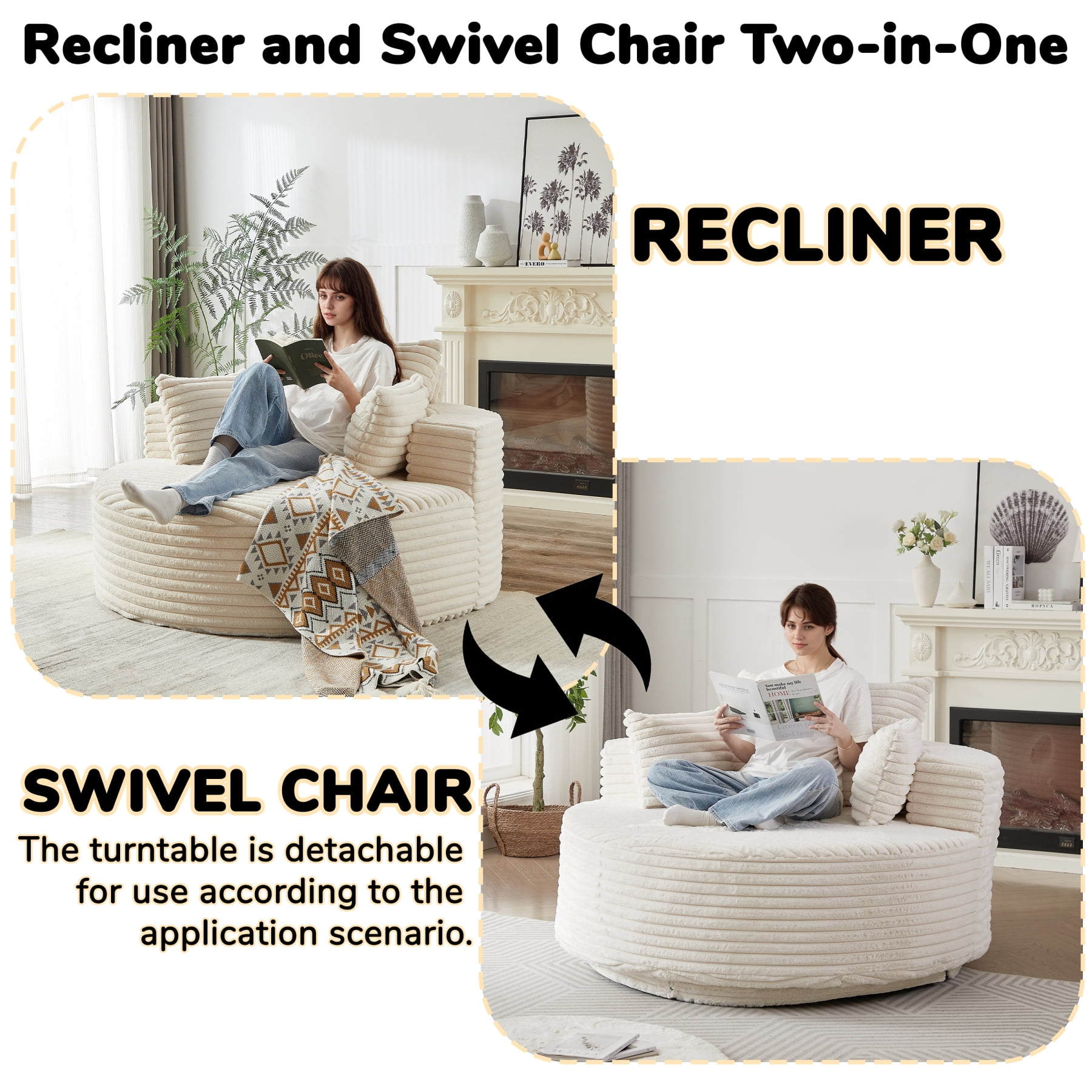 Leumius 55'' Oversized Round Chaise Longue Chair,Upholstered Corduroy Single Cloud Circle Sofa Chair with Deep Seat,Fluffy Modern Sleeper Sofa Bed for Reading,Living Room,Bedroom,
