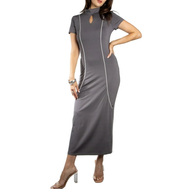 Jess por Meiko Vestido de Mujer Esculpido con Cuello en Llave y Cuello Mock Bodycon Maxi Dress L Gris Oscuro