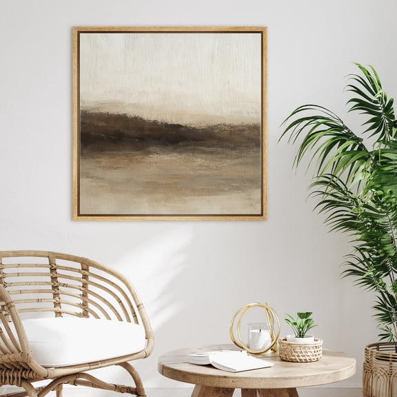 Framed Canvas Print Abstract Field Landscape Wall Art Neutral Vintage Decorative for Living Room Bedroom - 16"x16" NATURAL
