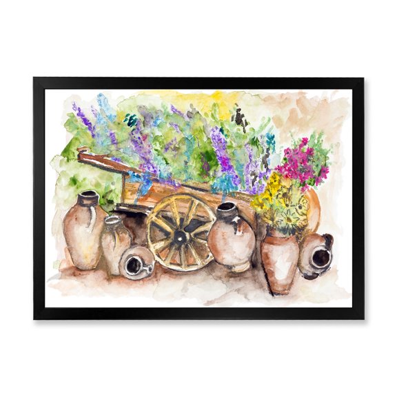 Designart 'Lavender Flowers On Ancient Cart Illustration' Traditional Framed Art Print