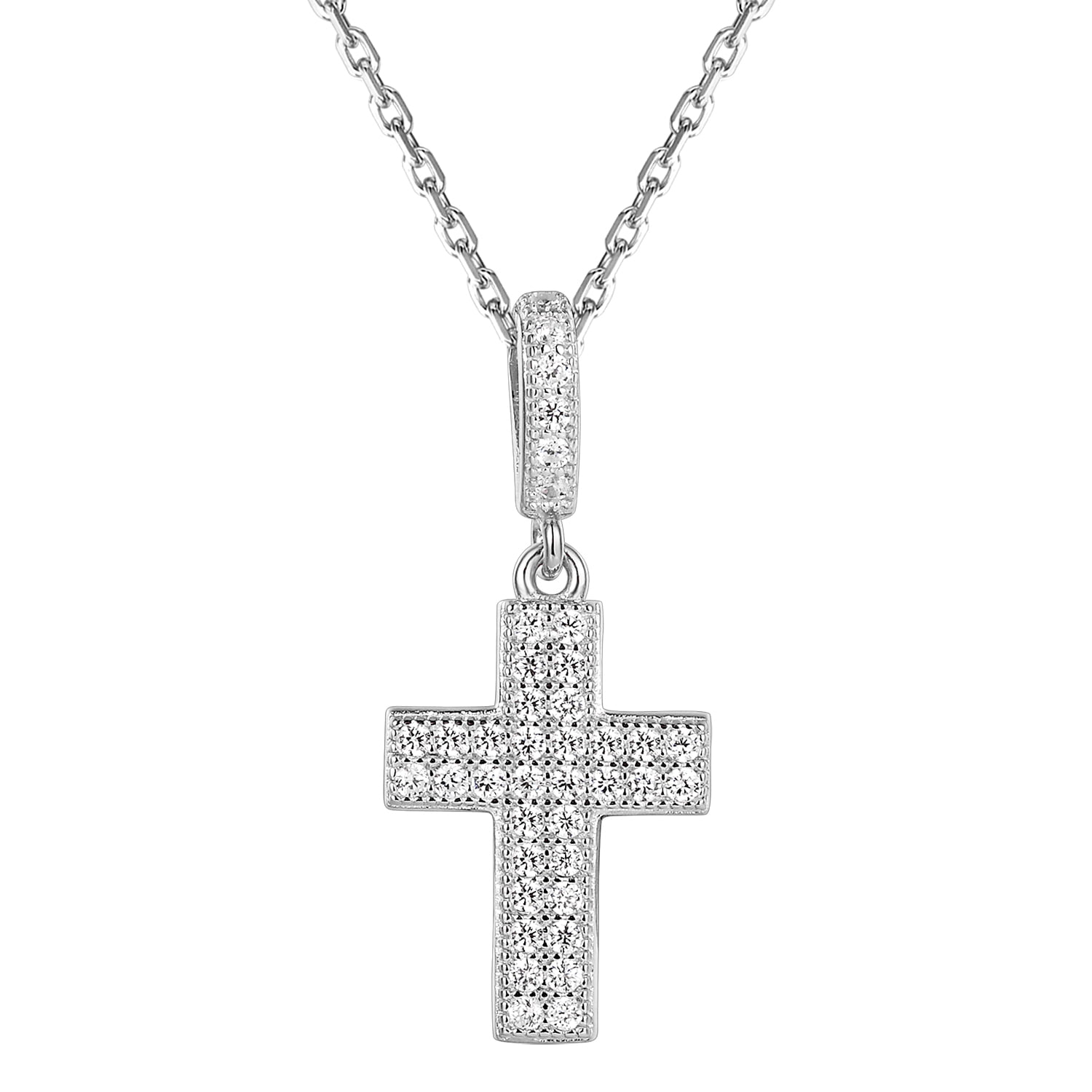 925 Silver Cross Pendant 2 Row Solitaire Simulated Diamond Necklace Set ...