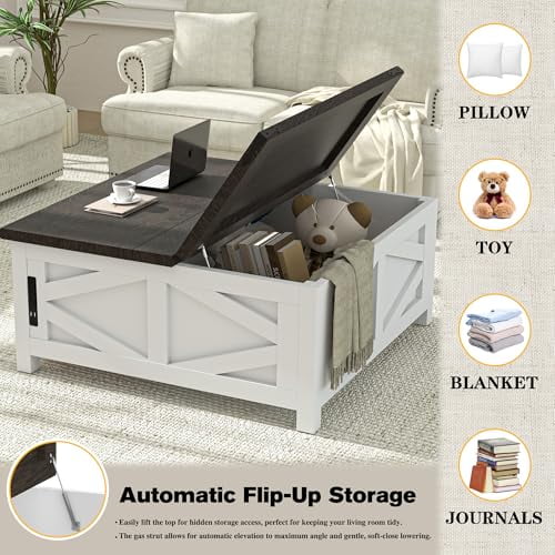 36" Farmhouse Lift Top Coffee Table with Storage, Square Coffee Table with Charging Station, Living Room Center Table with Large Hidden Space, White