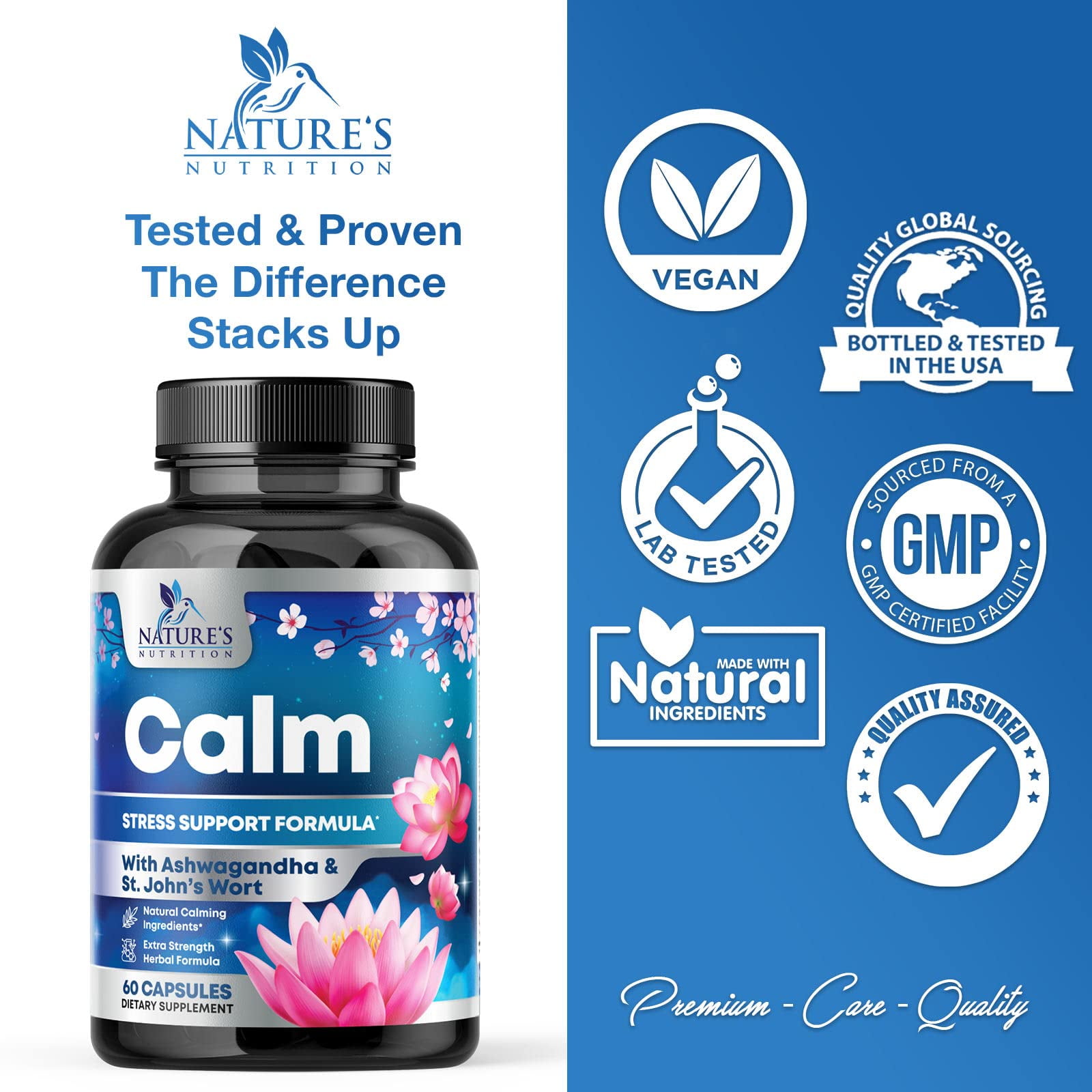 Natural Calm, Unwind & Relax Support - Ashwagandha, GABA, Magnesium, L-Theanine & More - Natural Focus, Energy & Immune Support - Nature's Non-GMO, Vegan, Gluten Free, Bottled in USA - 120 Capsules