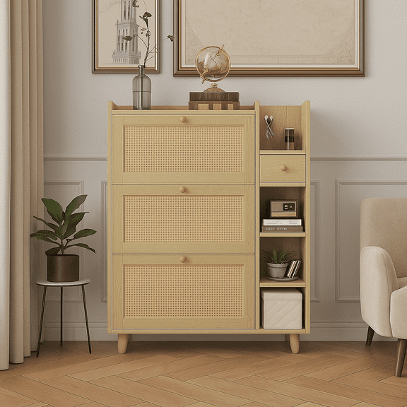 Bohemia Style Shoe Cabinet, Shoe Rack Cabinet with 3 Rattan Flip Drawers,3 Square Shelves and 1 Storage Drawer, Shoe Organizer with Mulit Storage Space and Hooks for Hallway, Entryway, (Natural)