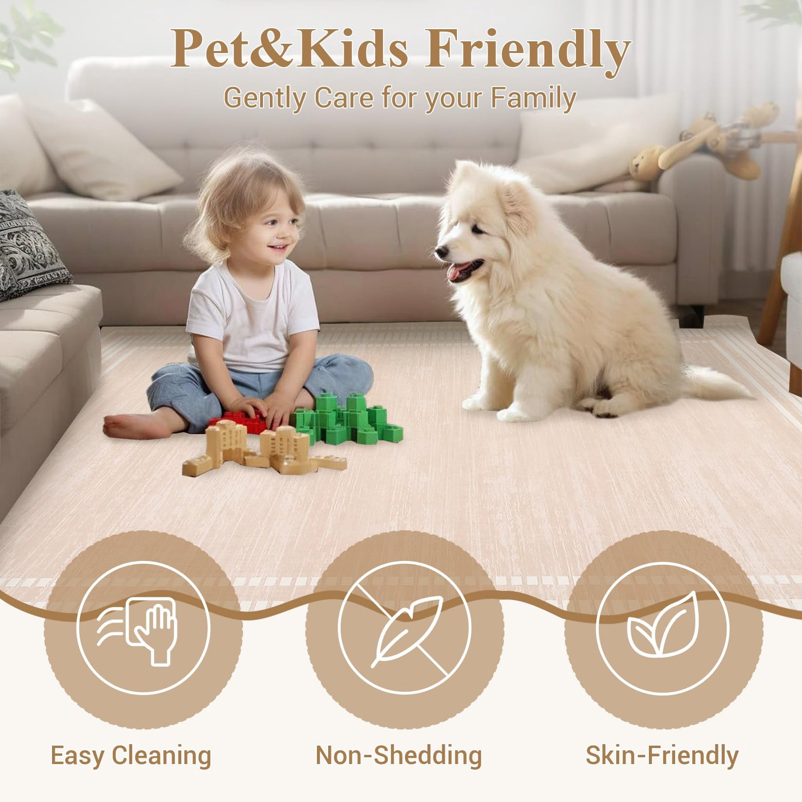 Washable Rug 8x10 Area Rugs for Living Room Bedroom, Non Slip Low Pile Solid Neutral Soft Carpet, Modern Scalloped Pattern, Faux Wool Floor Mats for Dining Room Home Office, Natural Ivory