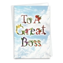 Boss's Day Greeting Card (Boss) with 5 x 7 Inch Envelope - Thanks A Bunch - Florals and Leaves Entwining Letters Against Blue Sky