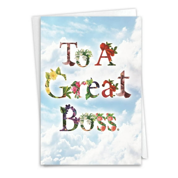 Boss's Day Greeting Card (Boss) with 5 x 7 Inch Envelope - Thanks A Bunch - Florals and Leaves Entwining Letters Against Blue Sky