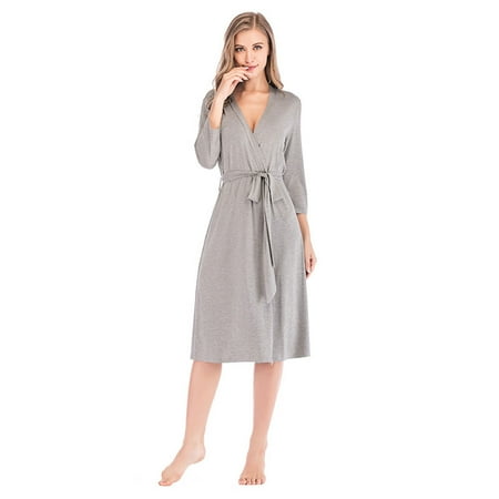 

YUUZONE Kimono Robe Spring Summer Cotton Bathrobe Women Nightwear with Belt Solid Color