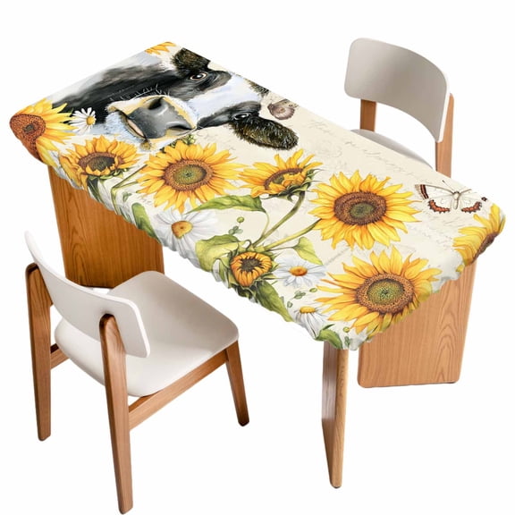 Yellow Sunflowers Table Cloths for 6 Foot Rectangle Tables, Country Cow Flower Butterfly Farmhouse Cream Patio Waterproof Elastic Fitted Tablecloths, Washable Rectangular Table Cover for Camping