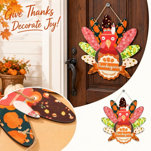 Thanksgiving Door Hanger with Turkey Feathers, Colorful Fall Wall Decor, Fall Party Decor, 1 Pack
