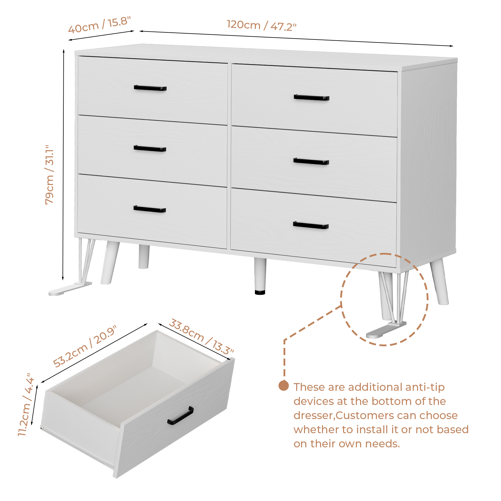 Meteorleg 6 Drawer Dresser for Bedroom, Wood Dresser with Wide Drawers and Metal Handles,Modern Dresser Chest for Bedroom,Living Room,Entryway
