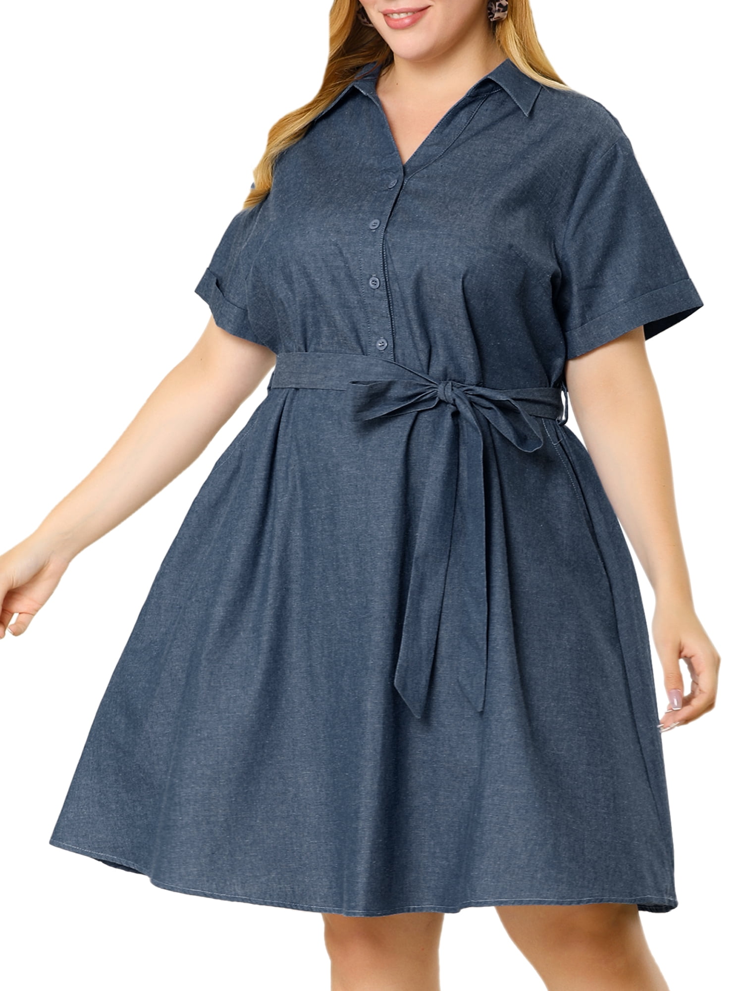 Unique Bargains Women's Plus Wrap Belted Turndown Collar Chambray Dress 3X Dark Blue