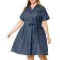thumbnail image 5 of Unique Bargains Juniors' Plus Size Wrap Belted High Waist Chambray Dress 2X Dark Blue, 5 of 7